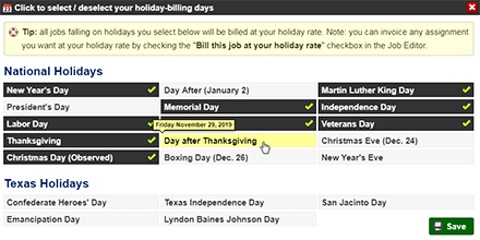 Select billing holidays